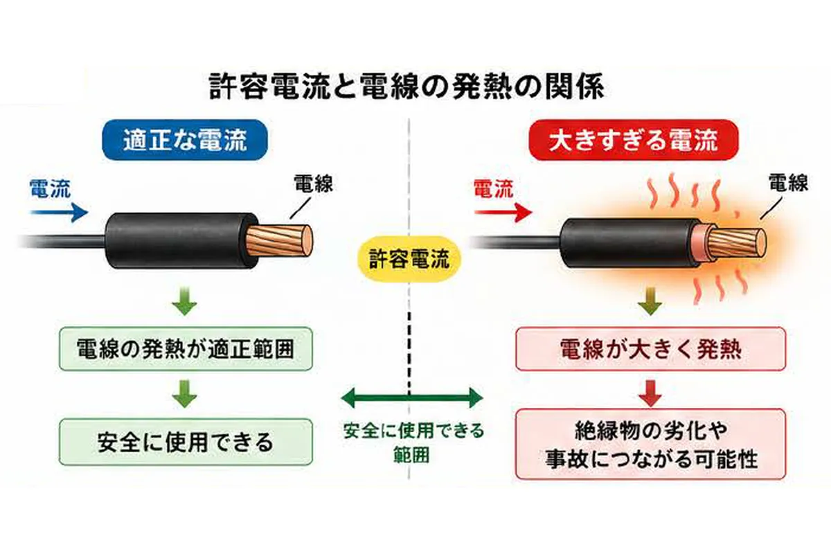 電線の許容電流と電流による発熱の関係を比較した初心者向けイメージ図