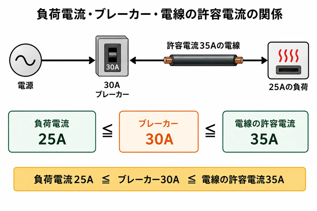 負荷電流25A、ブレーカー30A、電線の許容電流35Aの関係を示した配線図