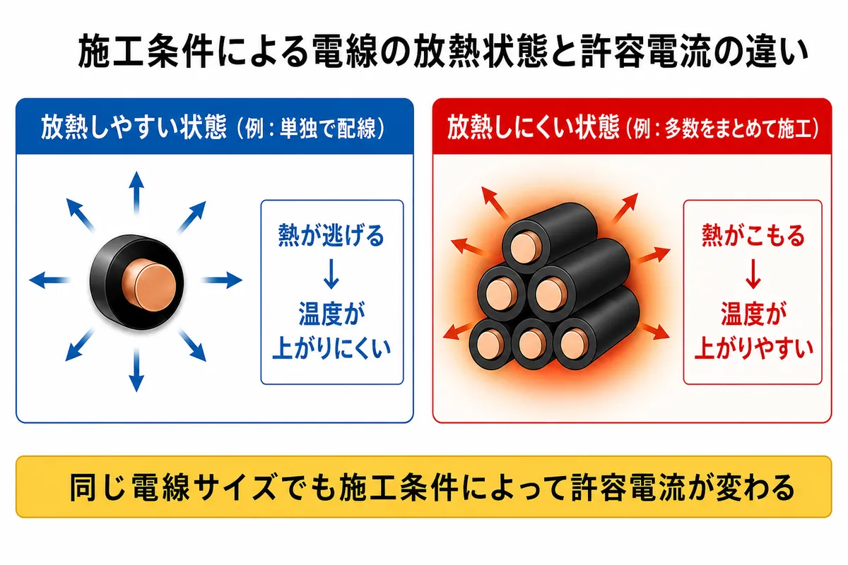 同じ電線サイズでも放熱や施工条件によって許容電流が変わることを示した比較図