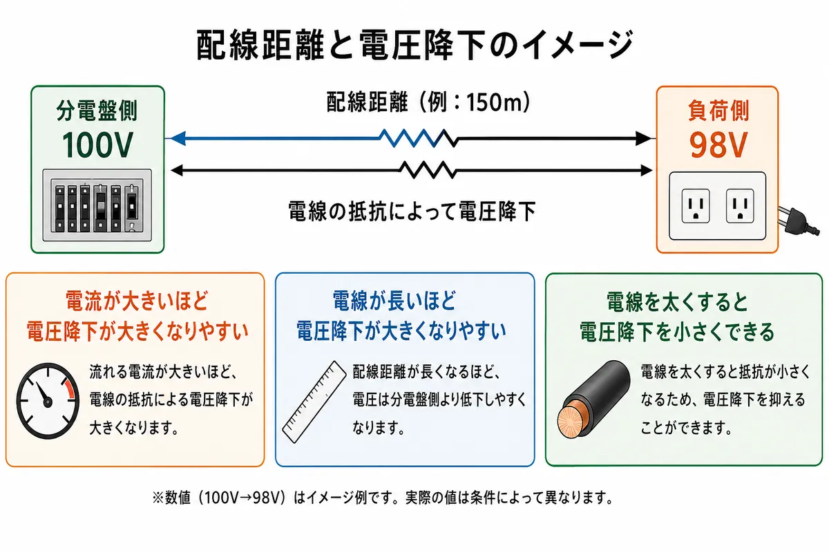 分電盤から負荷までの配線距離と電線抵抗によって発生する電圧降下のイメージ図