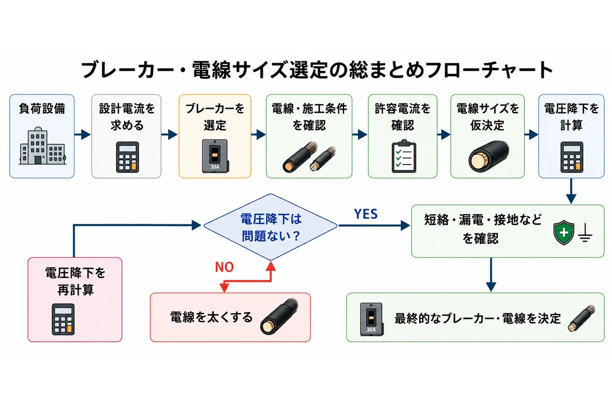 負荷からブレーカー、許容電流、電線サイズ、電圧降下を確認して選定する手順のフローチャート