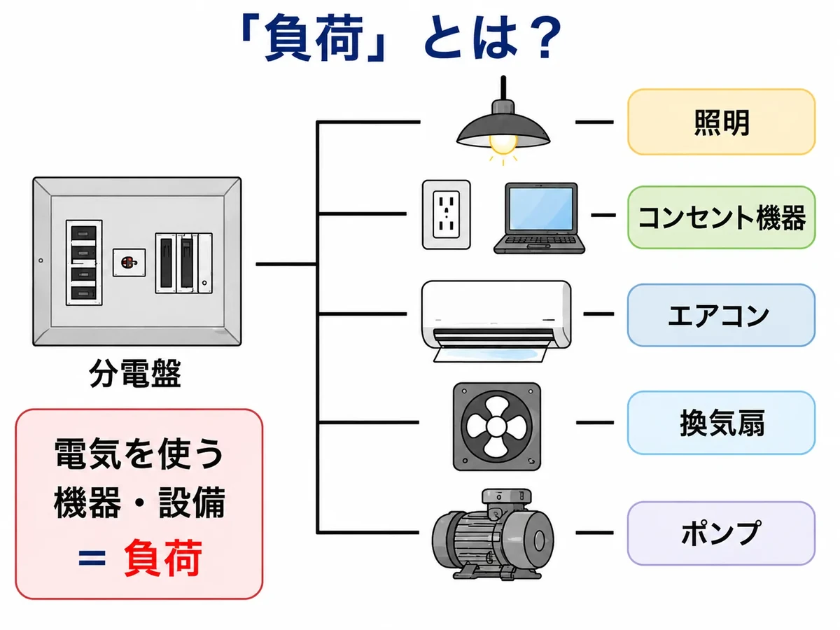 照明・パソコン・エアコン・換気扇・ポンプなど電気を使用する機器や設備を負荷として示したイラスト