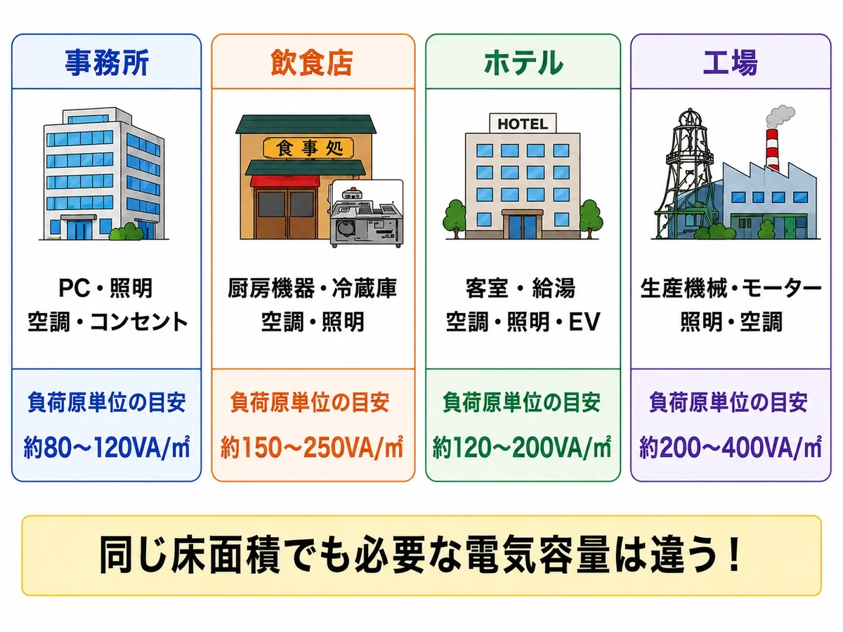 事務所・飲食店・ホテル・工場では同じ床面積でも使用する設備によって必要な電気容量が異なることを示した図解