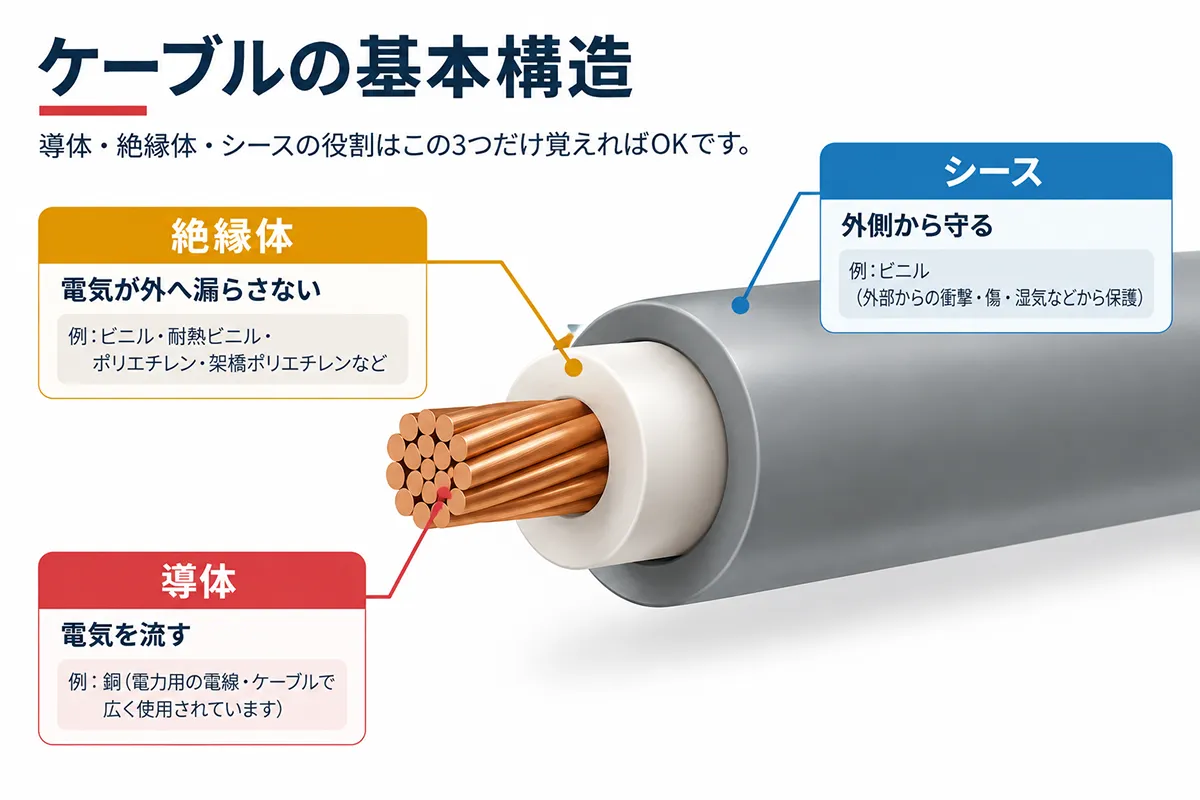 ケーブルの基本構造と導体・絶縁体・シースの位置や役割を示した図