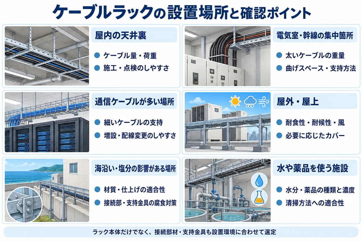 ケーブルラックの設置場所別に、天井裏・電気室・通信設備・屋外・海沿い・水や薬品を使う施設での選定ポイントを示した図解