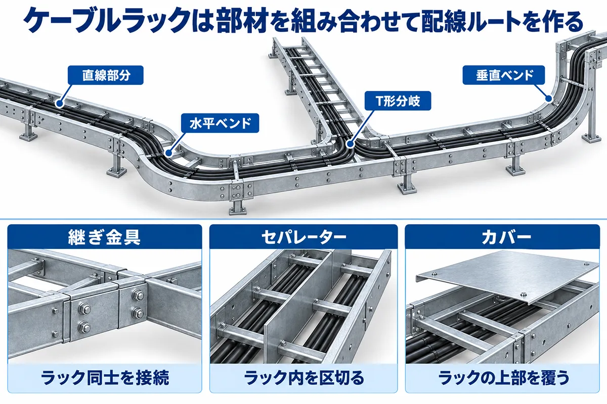 ケーブルラックの水平ベンド・T形分岐・垂直ベンドによる配線ルートと、継ぎ金具・セパレーター・カバーの役割を示した図解