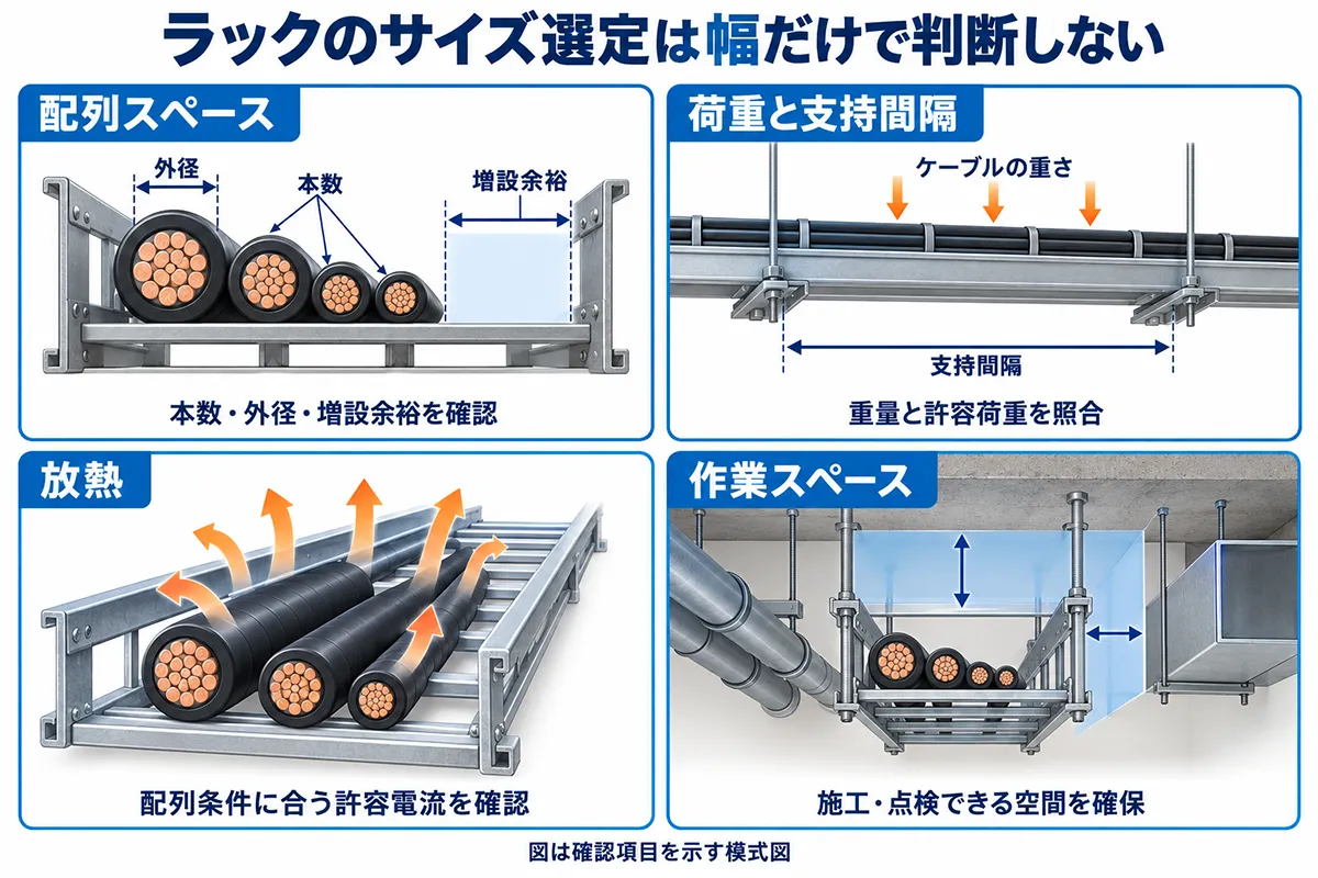 ケーブルラックのサイズ選定で確認する配列スペース、荷重と支持間隔、放熱、作業スペースの4項目を示した図解