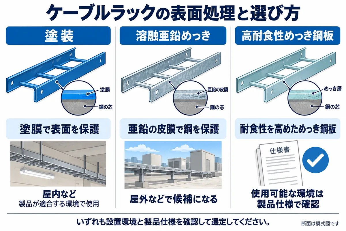 ケーブルラックの塗装・溶融亜鉛めっき・高耐食性めっき鋼板の特徴と、使用環境に応じた選び方を比較した図解