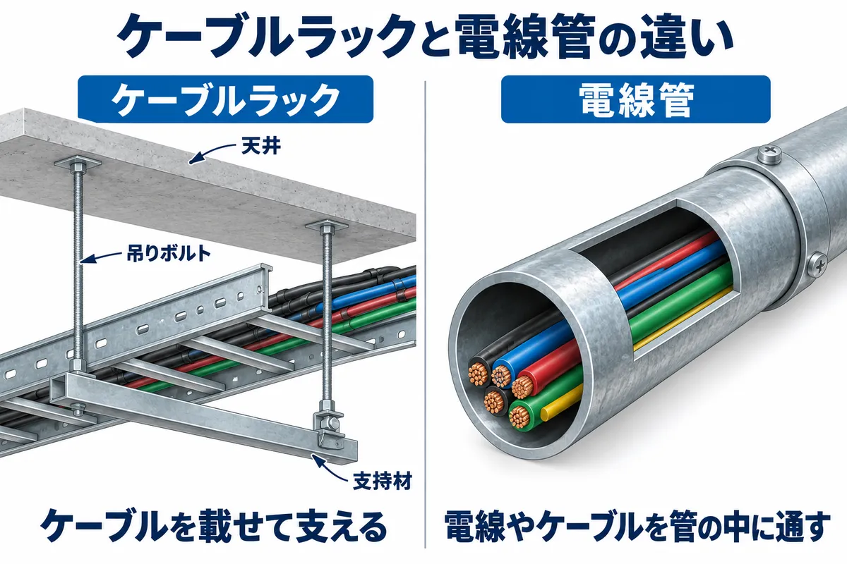 天井から吊り下げたケーブルラックにケーブルを載せる構造と、電線管の内部に電線を通す構造の比較図