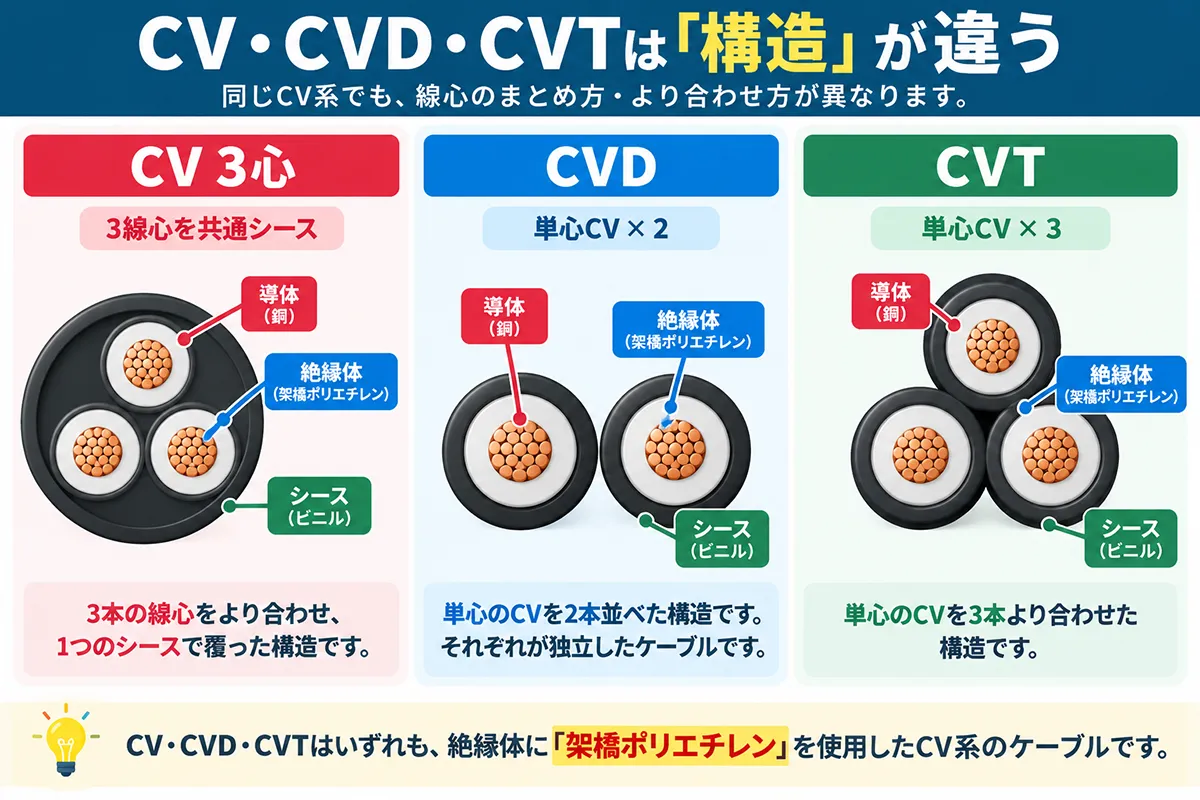 CV・CVD・CVTの構造の違いを比較し、3心CV・単心CV2本・単心CV3本の構成を示した図
