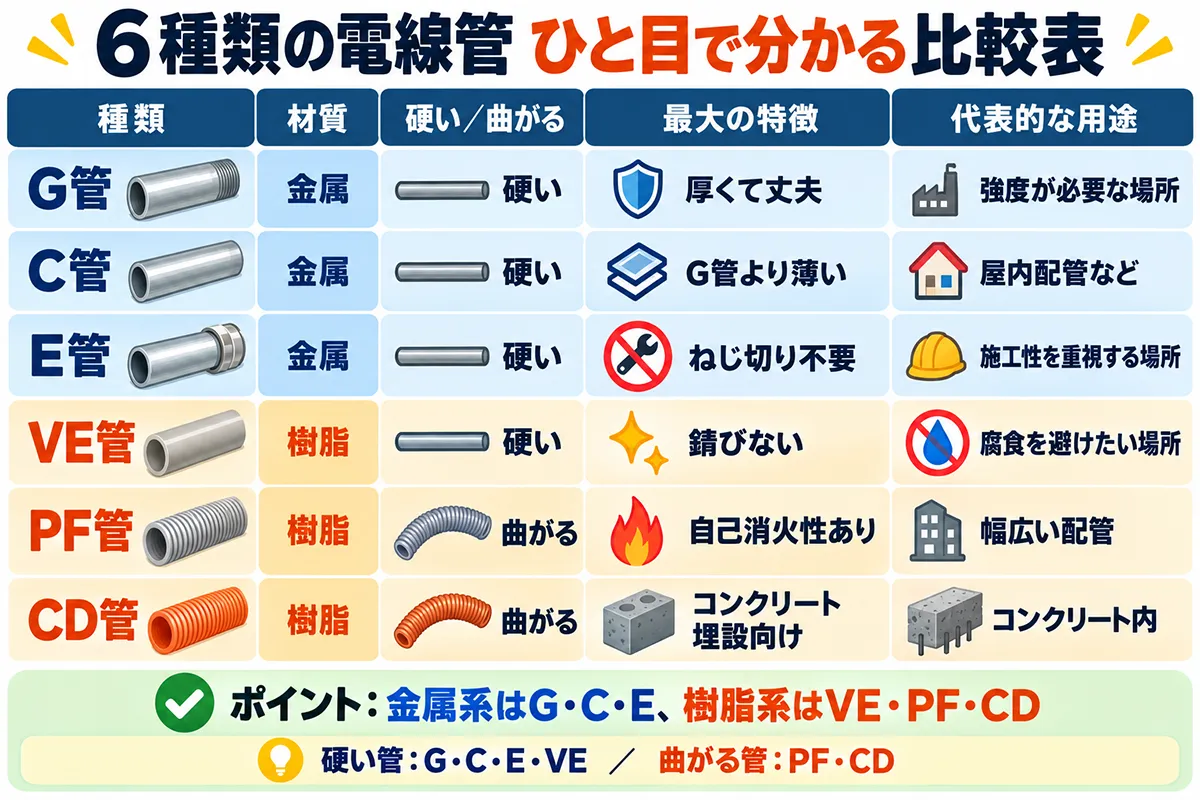 6種類の電線管(G管・C管・E管・VE管・PF管・CD管)の材質、硬い・曲がる、特徴、用途を比較した図解