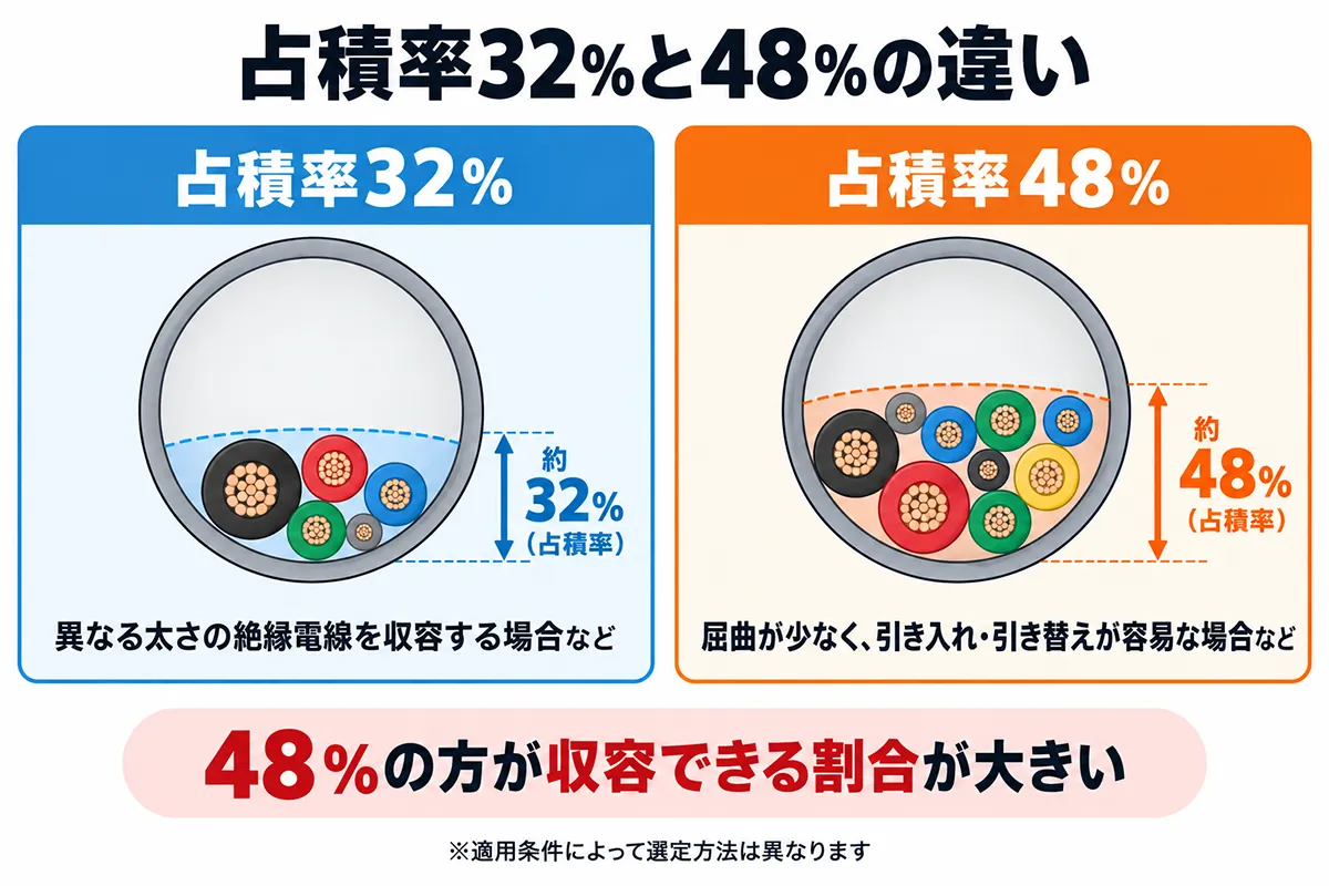 占積率32%と48%の違いを比較した図解。異なる太さの絶縁電線を収容する場合などは32%、屈曲が少なく引き入れ・引き替えが容易な場合などは48%を目安とする考え方を示している。