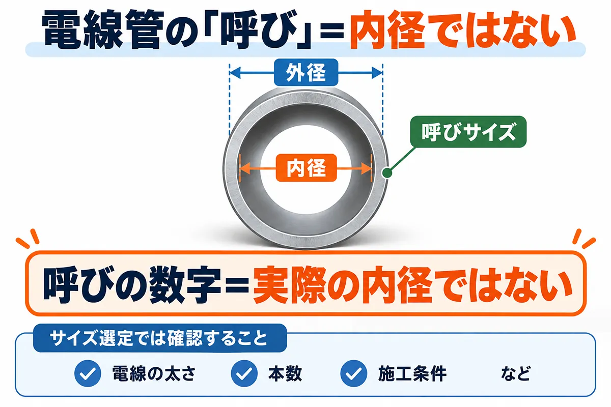 電線管の呼びサイズは実際の内径ではないことを内径・外径と比較して示した図解