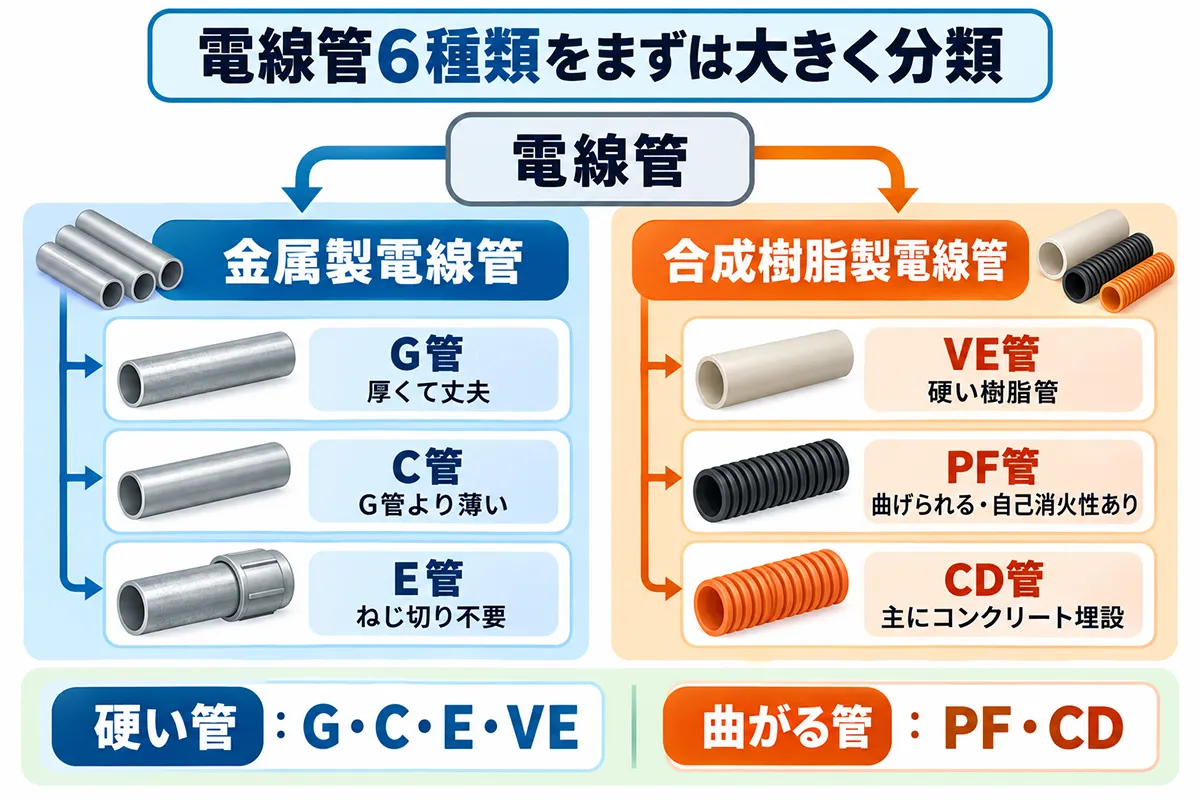 電線管6種類(G管・C管・E管・VE管・PF管・CD管)の分類と特徴を示した図解