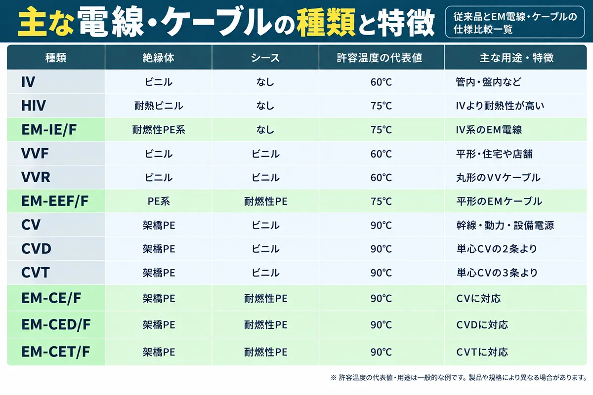 IV・HIV・VVF・VVR・CV・CVD・CVT・EM電線・EMケーブルの種類、絶縁体、シース、許容温度、用途を比較した一覧図