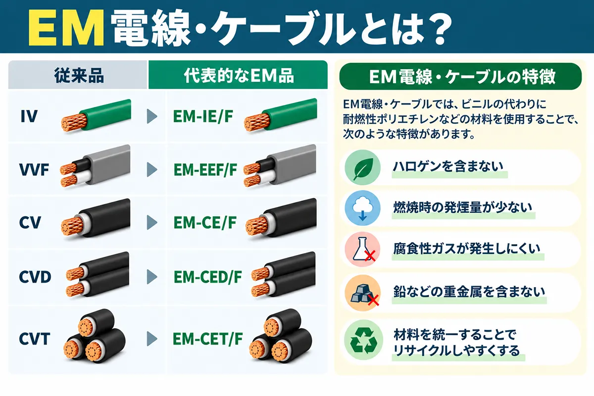 IV・VVF・CV・CVD・CVTとEM電線・EMケーブルの対応関係や特徴を比較した図