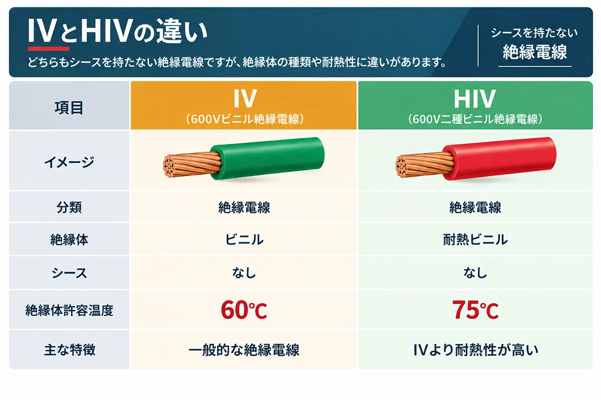 IVとHIVの絶縁体・シース・許容温度・耐熱性の違いを比較した図