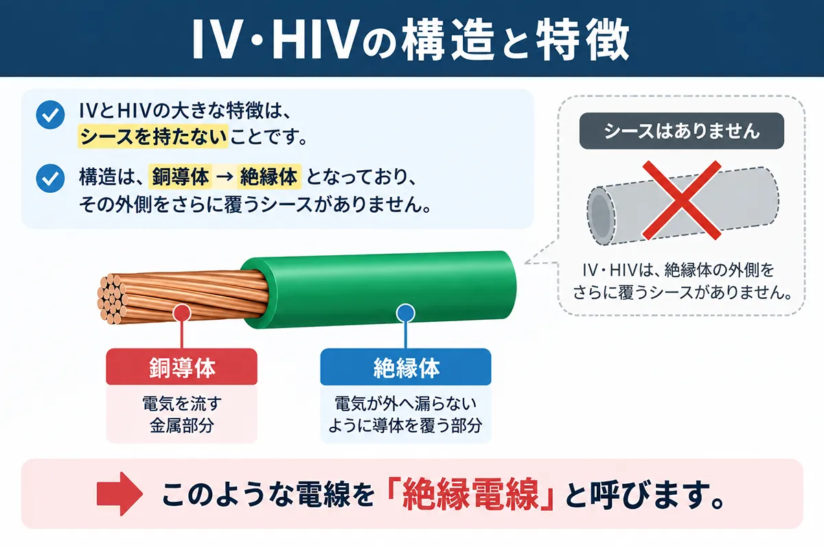 IV・HIVの銅導体と絶縁体の構造、シースを持たない絶縁電線であることを示した図