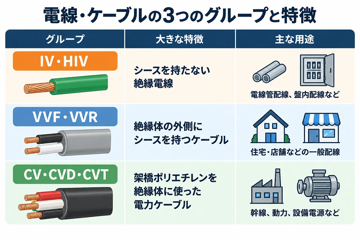 IV・HIV・VVF・VVR・CV・CVD・CVTの特徴と主な用途の違いを比較した図