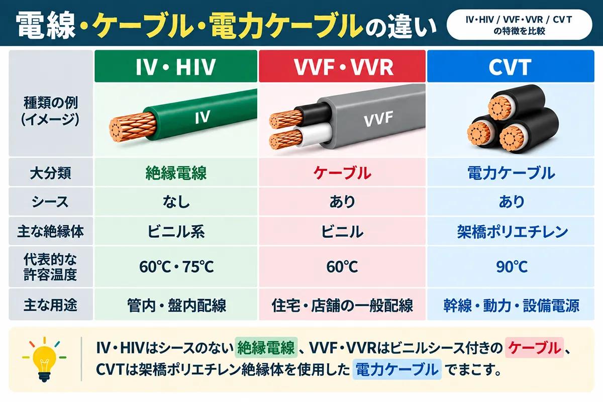 IV・HIV・VVF・VVR・CVTの違いをシース・絶縁体・許容温度・用途で比較した図