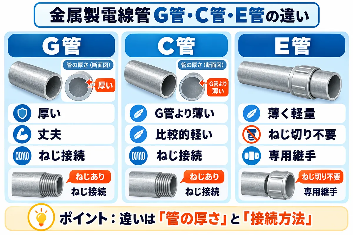 G管・C管・E管の厚さと接続方法の違いを比較した金属製電線管の図解