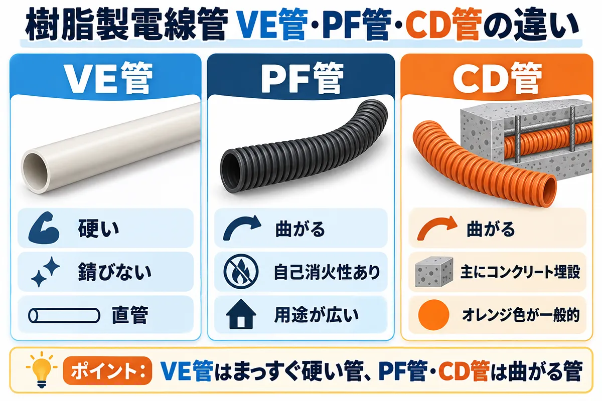 VE管・PF管・CD管の形状や特徴、主な用途の違いを比較した樹脂製電線管の図解