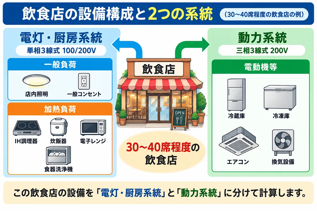 飲食店の電気設備を、単相3線式100/200Vの電灯・厨房系統と三相3線式200Vの動力系統に分けた構成図