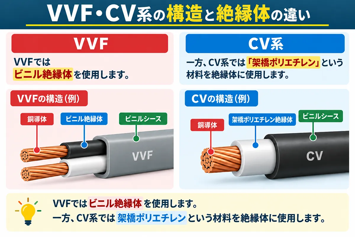 VVFとCV系の構造・絶縁体の違いを比較し、ビニル絶縁体と架橋ポリエチレン絶縁体の違いを示した図