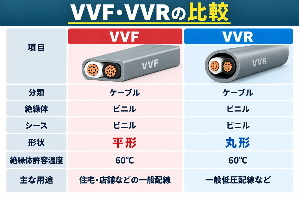 VVFとVVRの構造・形状・絶縁体・シース・許容温度・主な用途の違いを比較した図